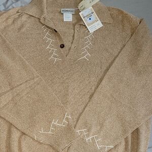 Mushroom V-Neck Sweater with Embroidered Accents